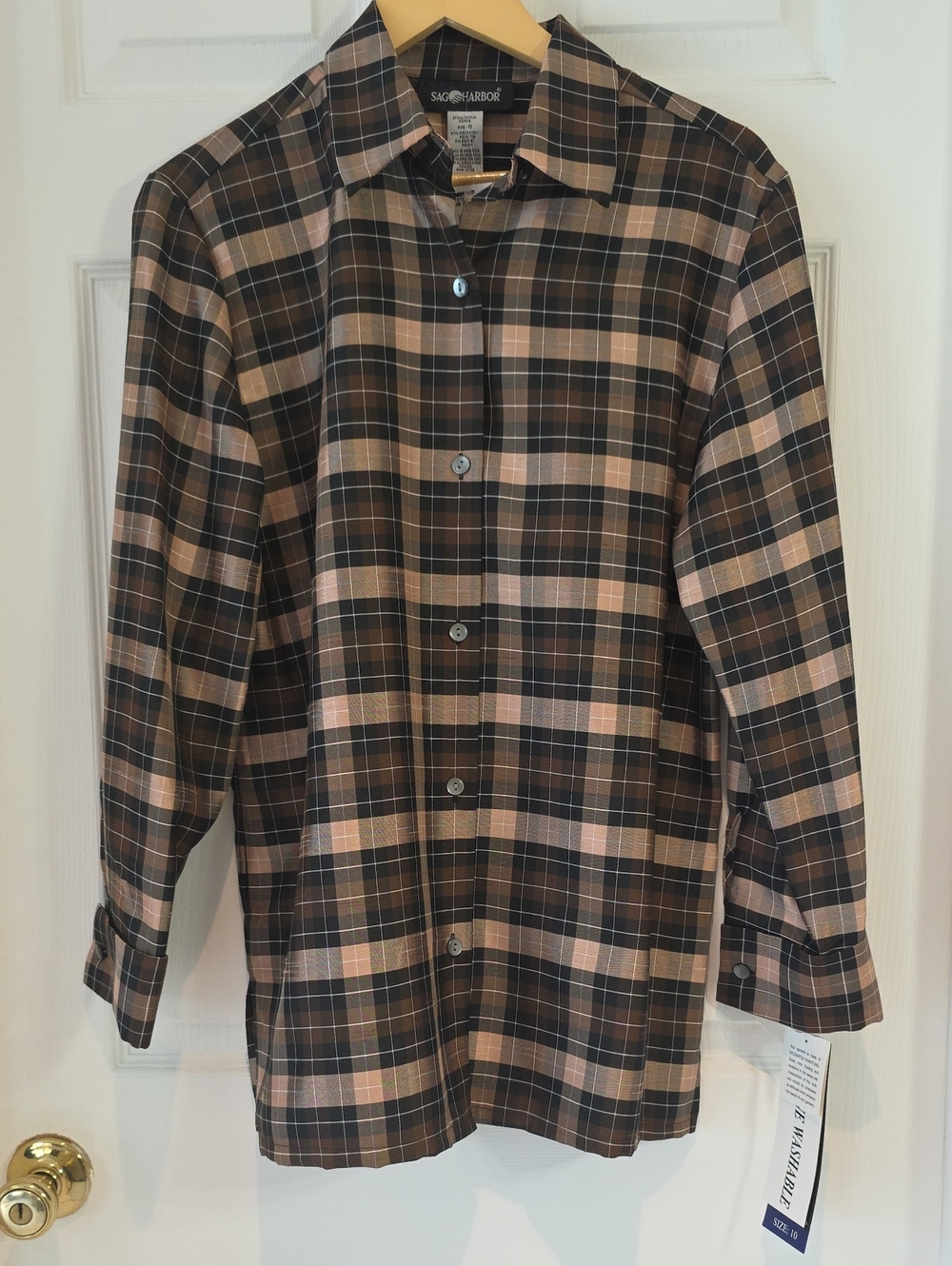 Y2K Sag Harbor Brown and Tan Plaid Button Down Women’s Shirt New With Tags